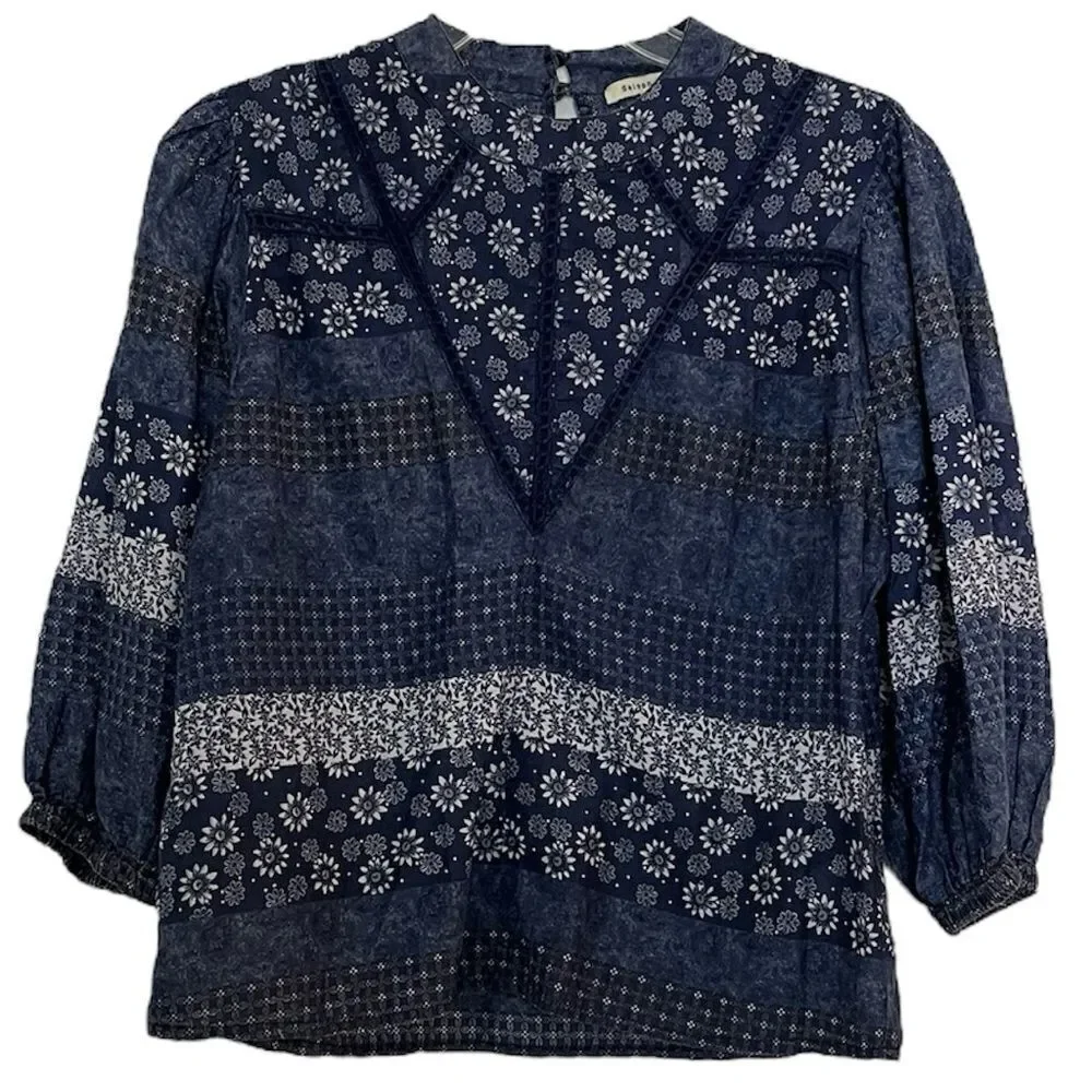 Anthropologie Eryn Boho Floral Blouse saison de la fleur Blue Cotton Top Small